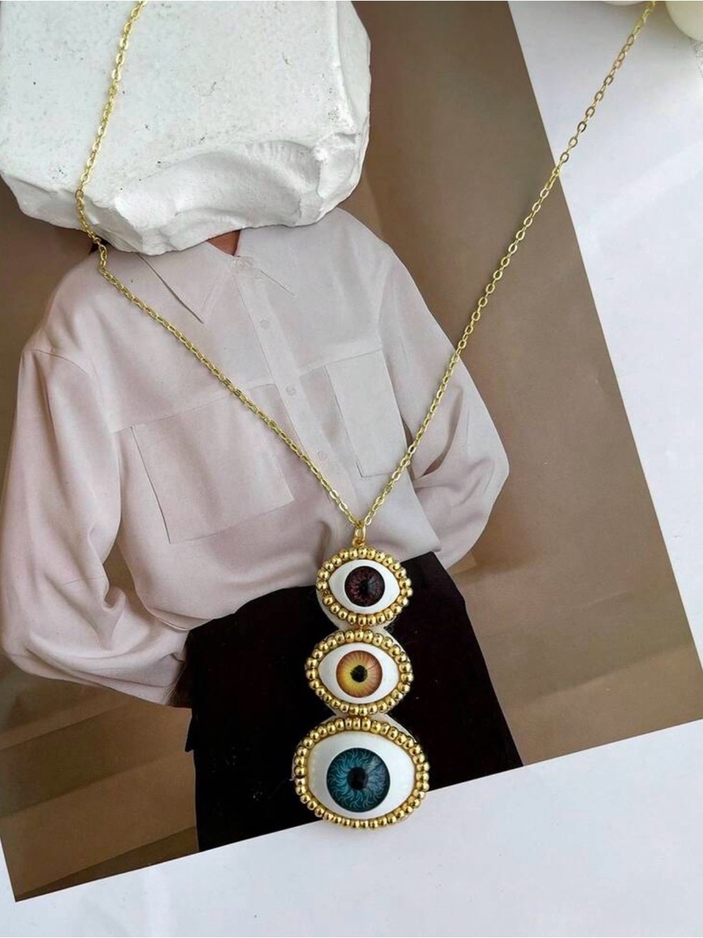 Gold Triple Eye Pendant Necklace with Multicolor Eyes
